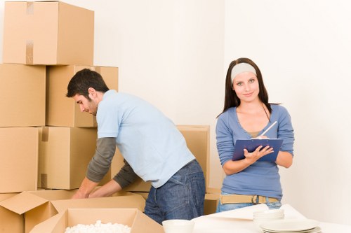 Sturdy removal boxes arranged for a residential or office relocation