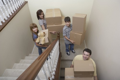 Settled moving day scene with boxes and furniture arranged in a new space